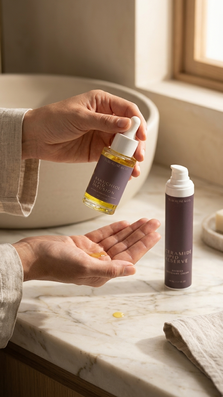 Hands applying a Tuberose & Co. facial oil beside a barrier cream