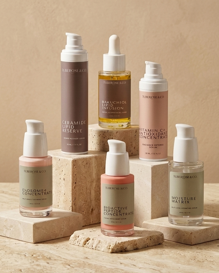 Six skincare bottles from the brand Enchanted Earths arranged on stacked stone blocks against a warm beige textured background. The set includes various serum and toner bottles in muted pink, peach, brown, and clear glass with white caps.