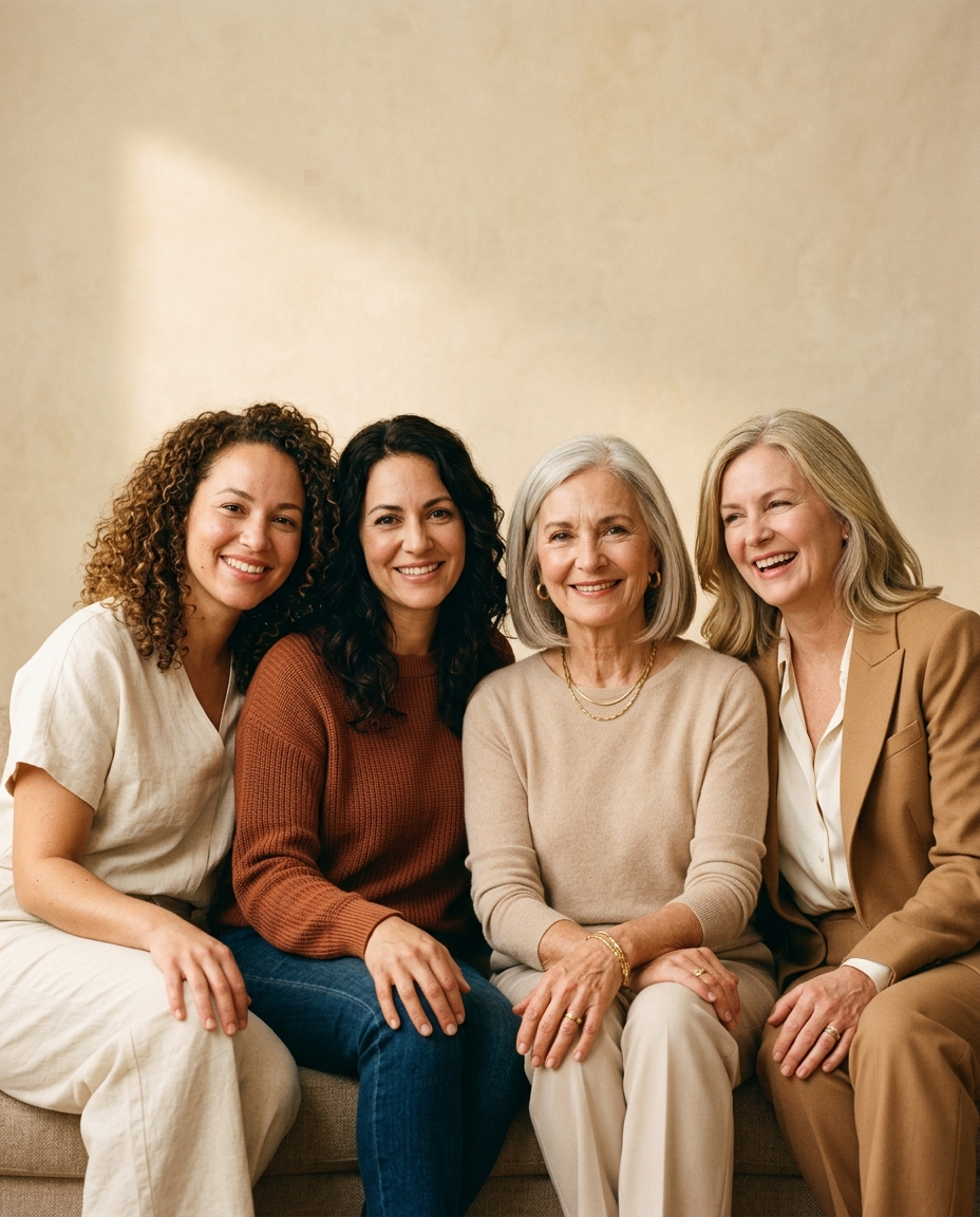 Four women sitting together on a beige couch against a warm beige wall, dressed in coordinated neutral-toned outfits.